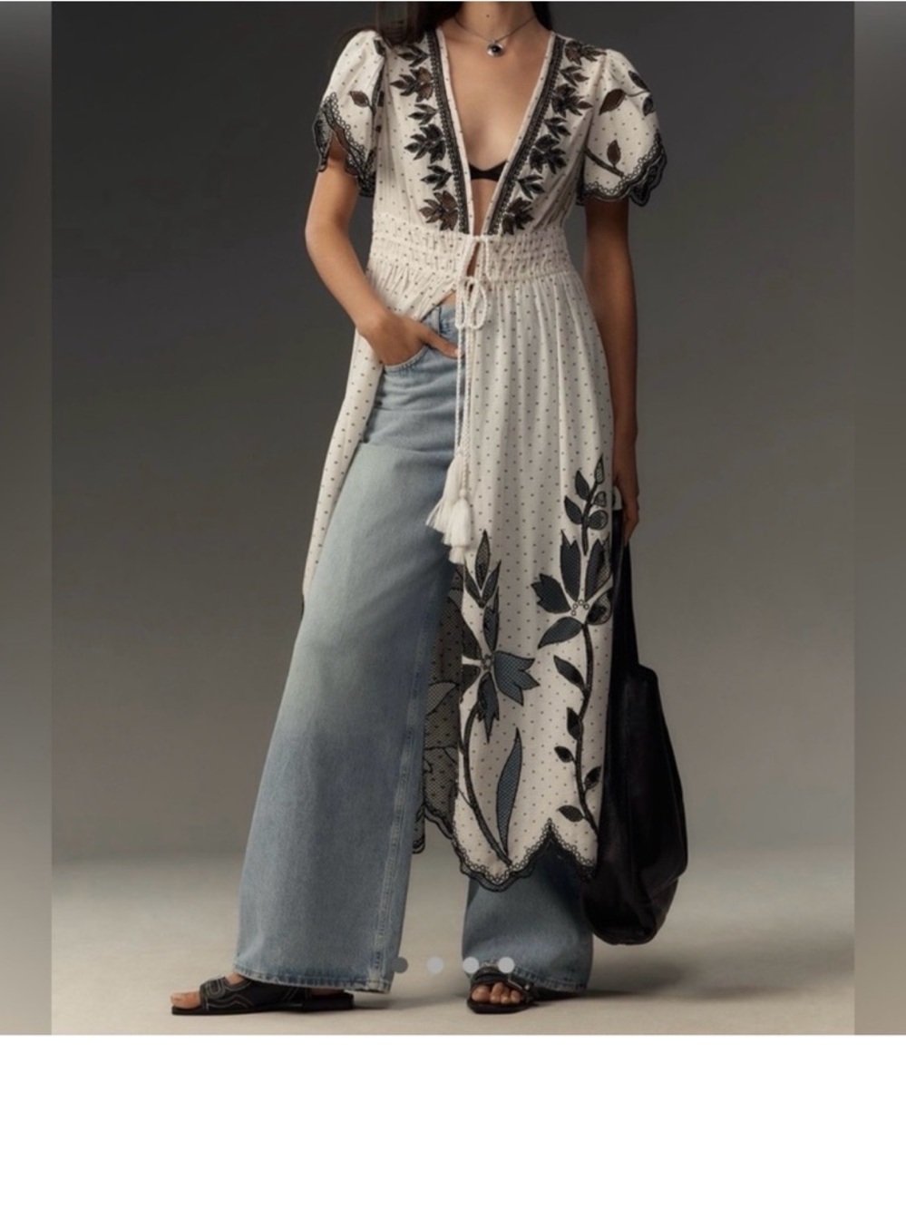 Anthropologie Ivory and Black Floral Maxi Duster